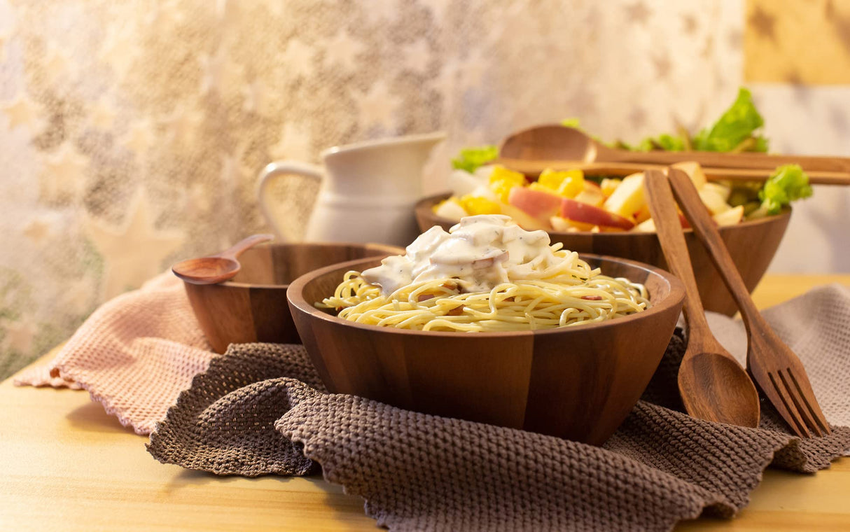 BestySuperStore Nesting Round Wood Bowls Mix Size 9½”, 8½”, 7” Stackable Acacia Wooden Bowl Set with Spoons and Forks for salad dip sauce snack rice pasta soup fruit cereal Tableware Nested Dish Sets BestySuperStore