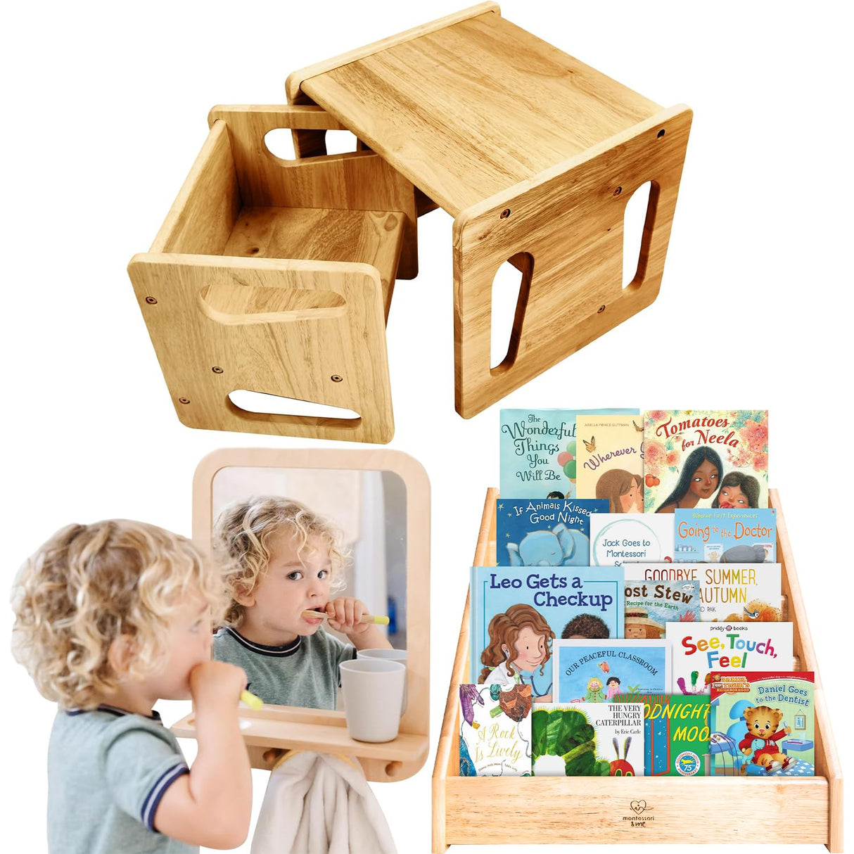 Montessori & Me Furniture Bundle – Weaning Table & Chair Set, Front-Facing Bookshelf, and Self-Care Station for Toddler Independence and Organization Montessori & Me
