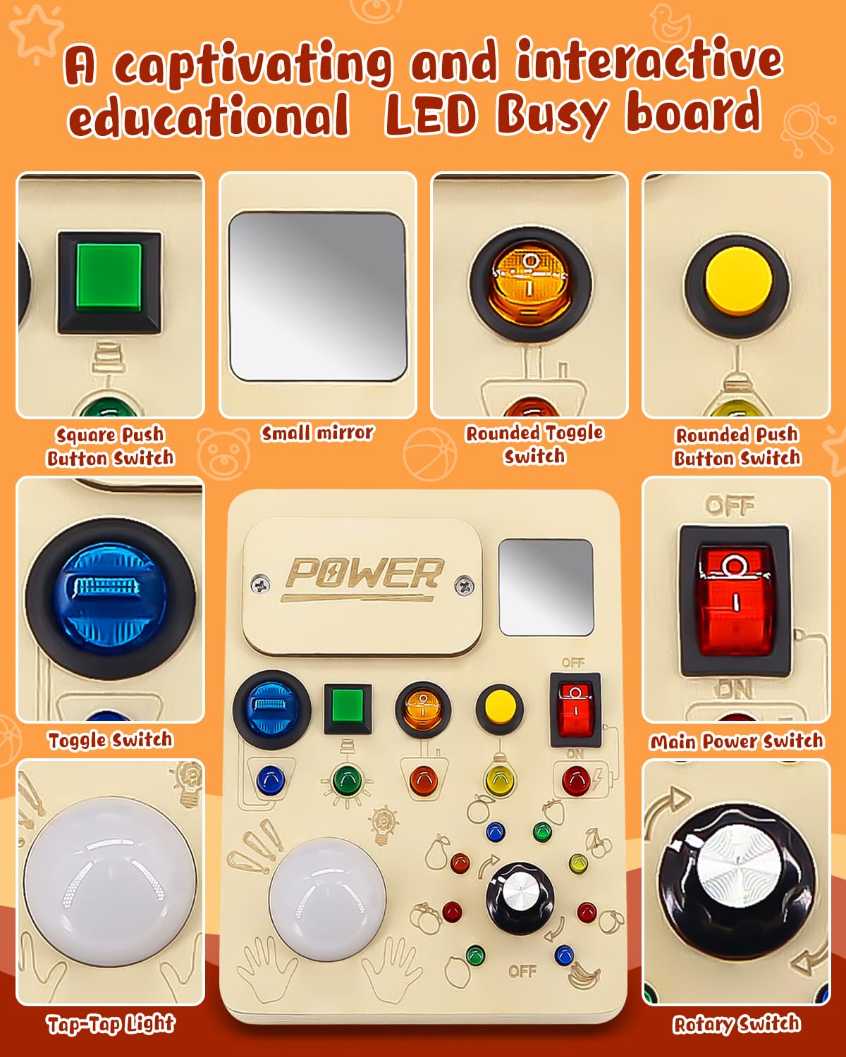 RCPLAGA Montessori Busy Board for 1-3 Toddlers: Wooden Sensory Busy Board Toy with LED Light Switch,Baby Travel Toy Preschool Learning Activities Board Christmas Birthday Gifts for Boys and Girls RCPLAGA