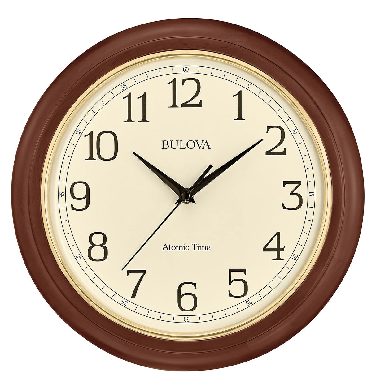Bulova Atomic Time 2 Analog Wall Clock C5004 | 12.4" Wooden Frame, Sets Time Automatically | Quartz Movement | Battery Operated | Classic Design Bulova