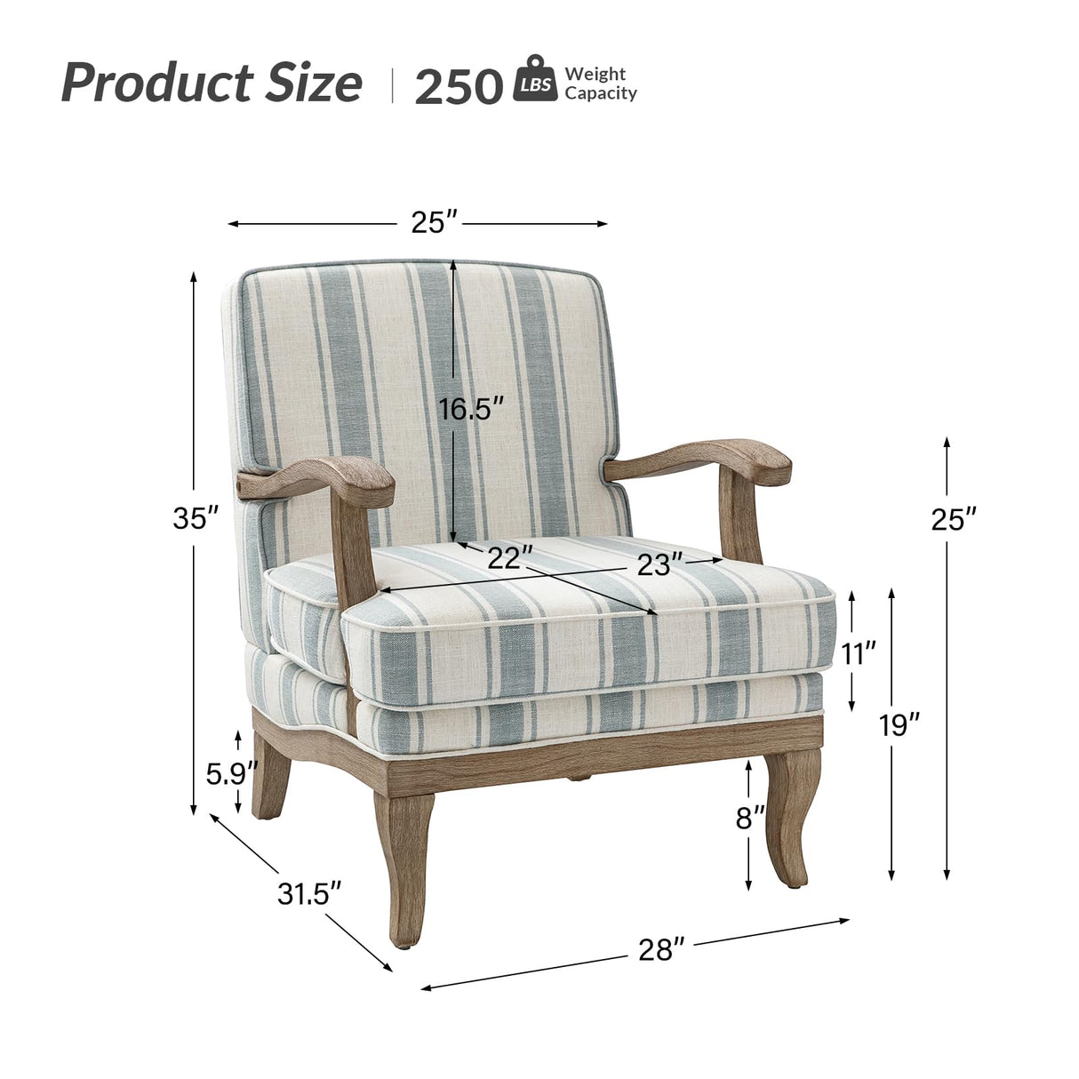 HULALA HOME Upholstered Accent Chair, Mid-Century Modern Striped Chair with Graceful Curves and Wooden Legs, Comfy Lounge Armchair Striped Accent Chairs for Living Room, Bedroom (Blue) HULALA HOME