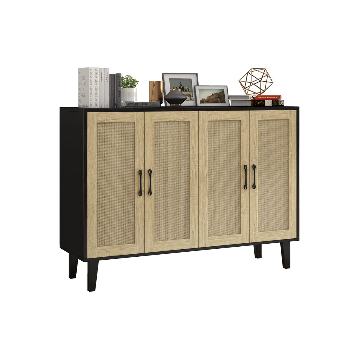 Panana Buffet Storage Cabinet with Rattan Decorating 4 Doors Living Room Kitchen Sideboard 48.43 x 34.65 x 15 inch (Black) Panana