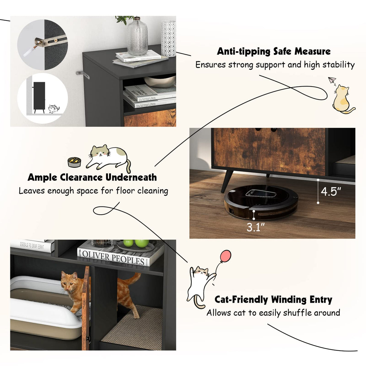 PETSITE Litter Box Enclosure, Wooden Cat Litter Box Furniture Hidden with Shelves & Scratching Pad, Kitty Large Litter Box Washroom Cabinet End Table PETSITE