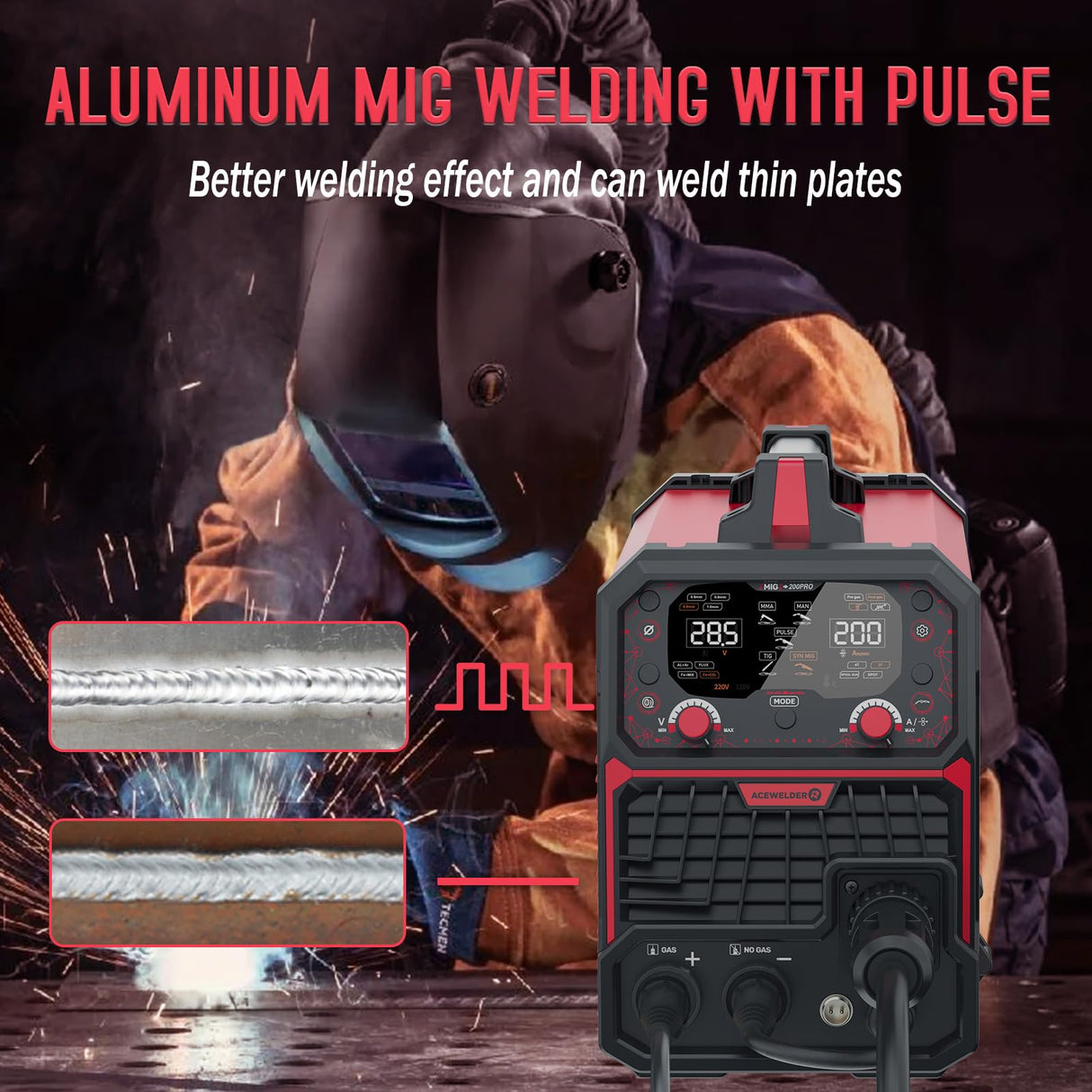 ACEWELDER 200PRO Aluminum MIG Welder with Pulse 7 in 1 Gas MIG/Pulse MIG/Gasless Flux Core/MMA/Lift TIG/Spot Weld/Spool Gun LED Display 110/220V Multiprocess Welder Acewelder