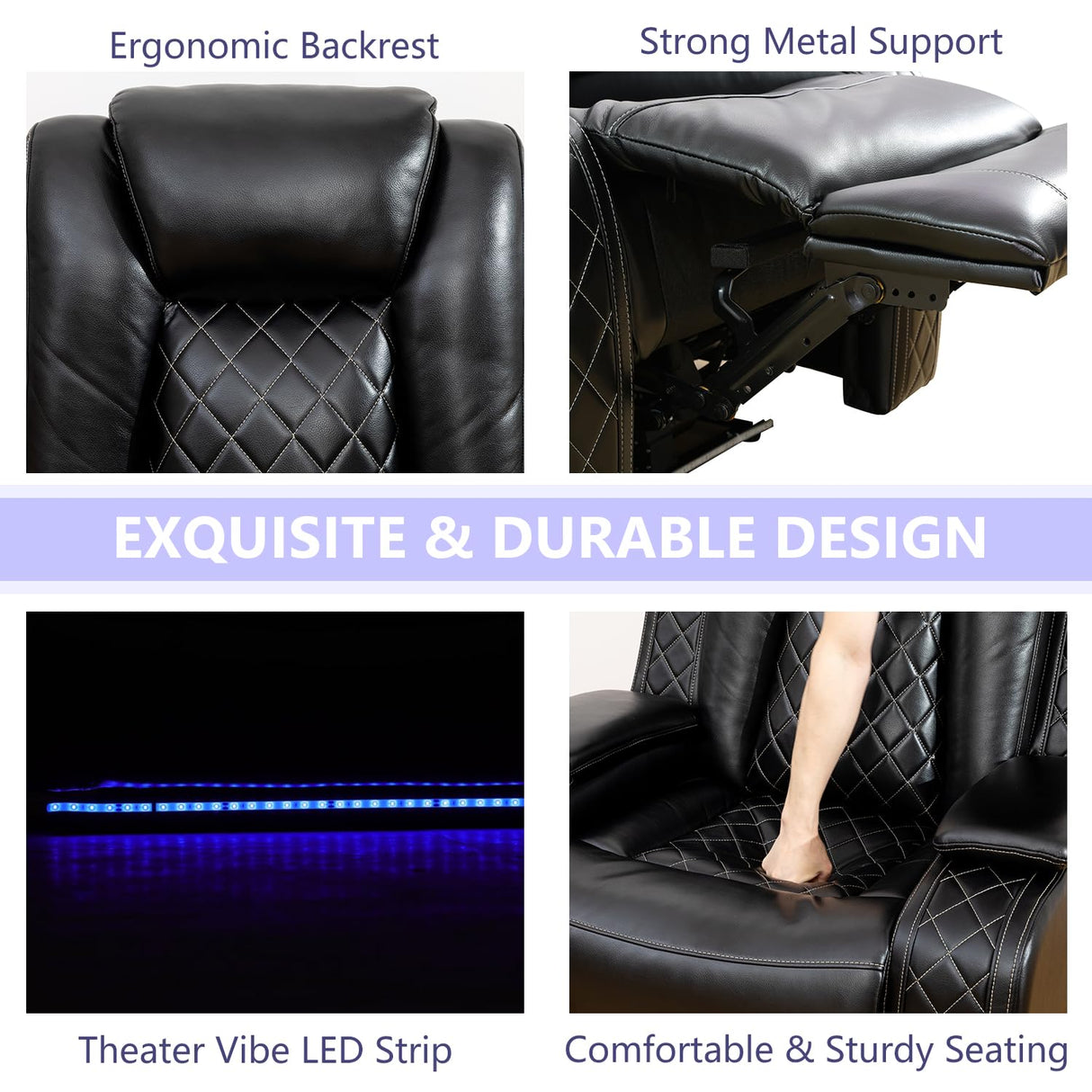 Anthato Black Leather Power Recliner Set with LED Lights, 3-Piece Recliner Sofa Loveseat Chair with Coffee Table/Storage/Charging Port, Modern Reclining Furniture for Living Room/Home Theater/Office Anthato