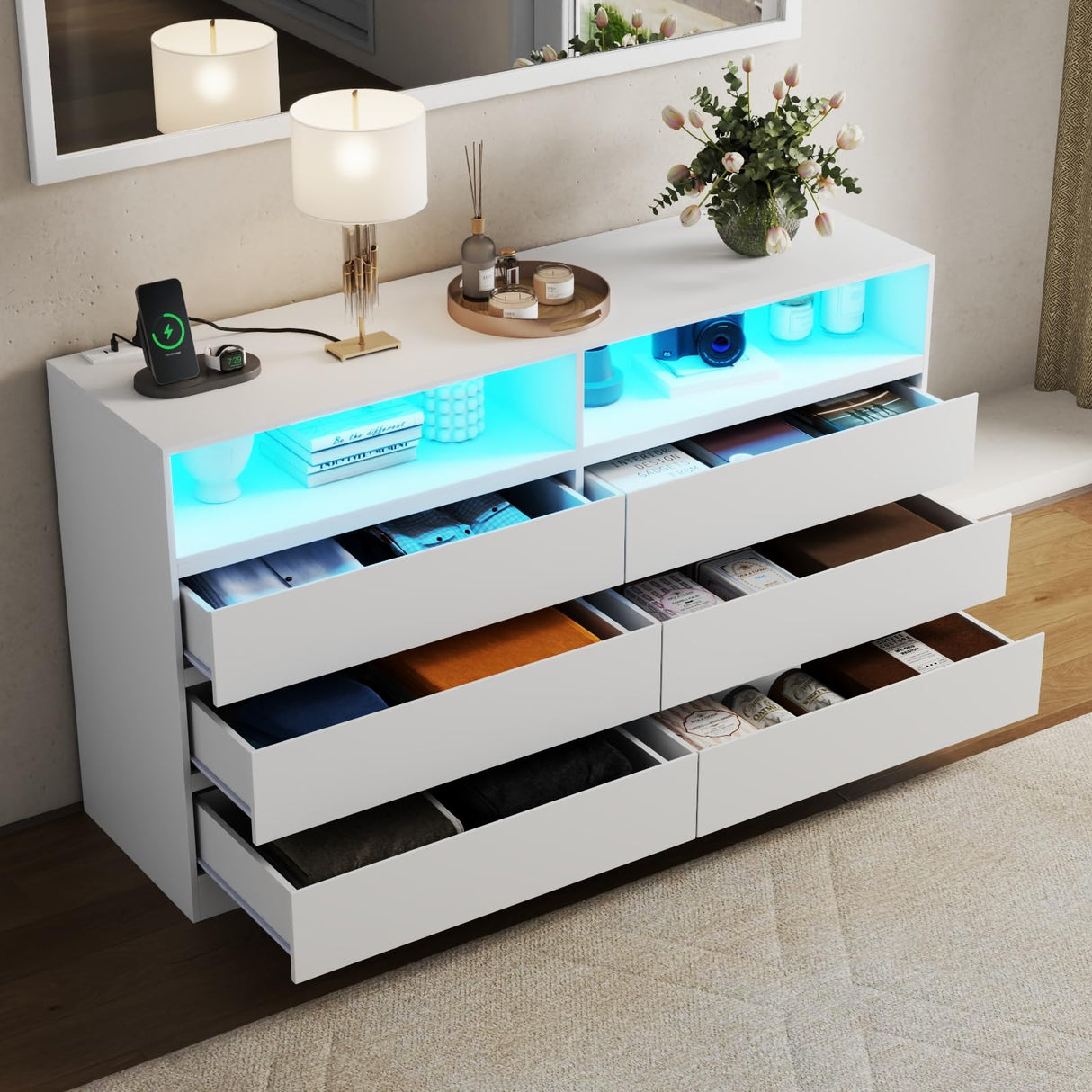 Gyfimoie 6 Drawer Dresser with Mirror for Bedroom, Accent Chests of Drawers with LED Light and Power Outlet, White 6 Dresser with Charging Station and 47"x15.7" Full Length Mirror (White) Gyfimoie