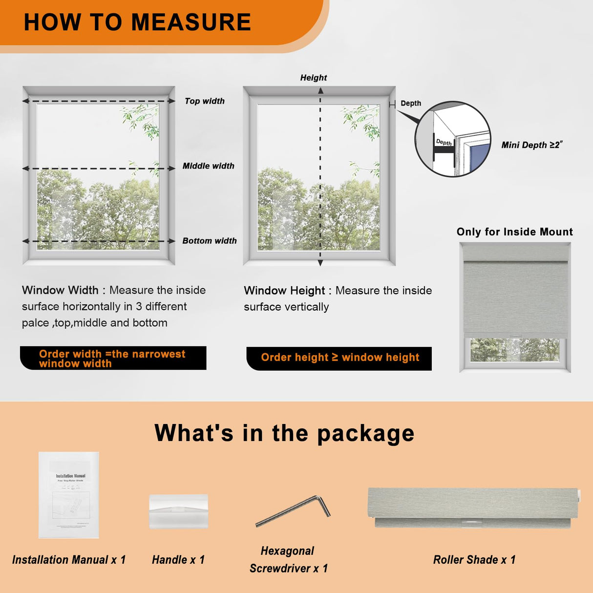 Persilux No Drill No Tools 100% Blackout Roller Shades for Windows,Natural Linen Fabric Cordless Roller Blinds,Custom Blinds for Home,Bedroom,Living Room,Grey-Blackout,Custom Size Persilux