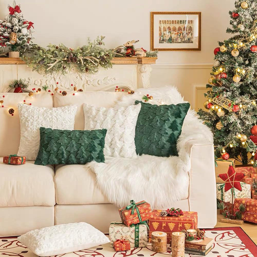 TBAVNOSY Christmas Tree Pillow Covers Set of 2 18x18 inches, 3D Xmas Tree Shaped Faux Fur Throw Pillow Covers for Couch, Sofa, Living Room Winter Holiday Decor, Farmhouse (Dark Green) TBAVNOSY