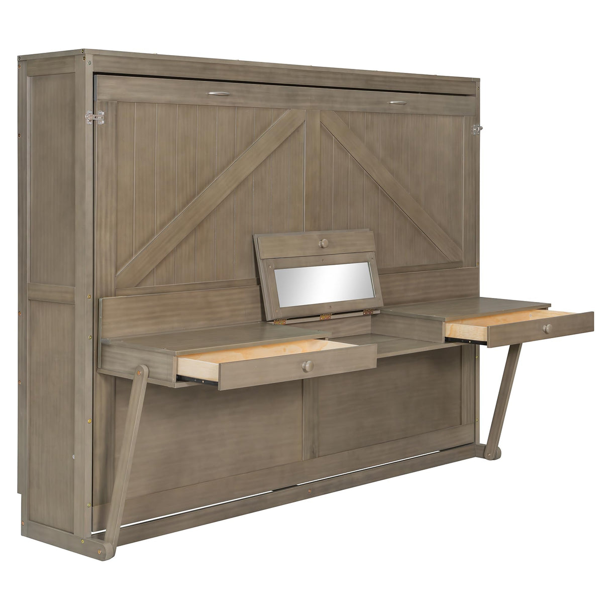Merax Queen Size Murphy Bed with Vanity Desk and Center Mirror, Horizontal Murphy Bed Wall Hidden Beds with 2 Side Drawers for Adults, No Box Spring Needed, Distressed Gray Merax
