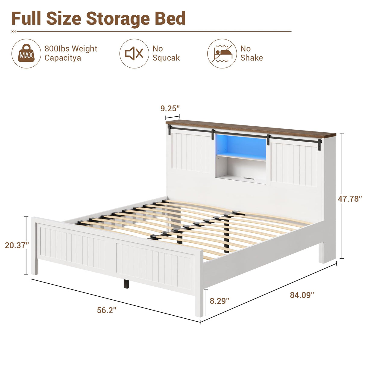 Garvee Farmhouse Full Bed Frame with Storage & Sliding Barn Door, Built-in USB Charging Station, LED Lighting, Noise-Free Design, No Box Spring Needed, Easy Assembly Garvee