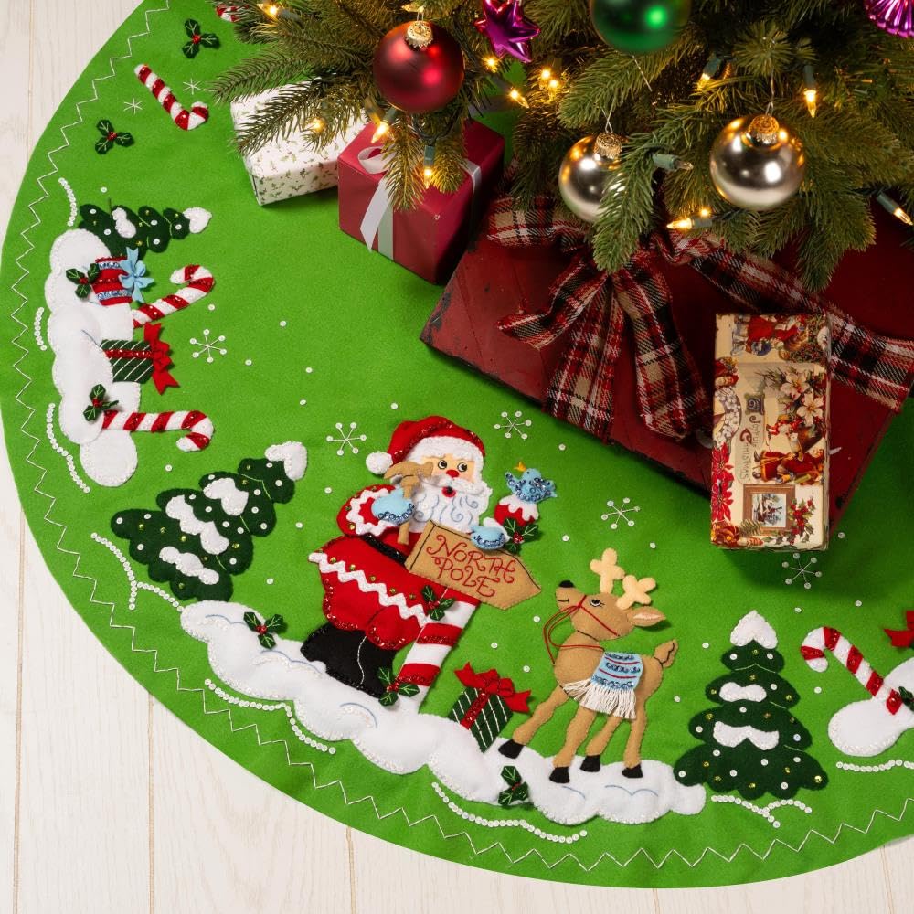 FolkArt, North Pole This Way, Bucilla Felt Applique 43" Tree Skirt Kit, Perfect for DIY Arts and Crafts, 89744E FolkArt
