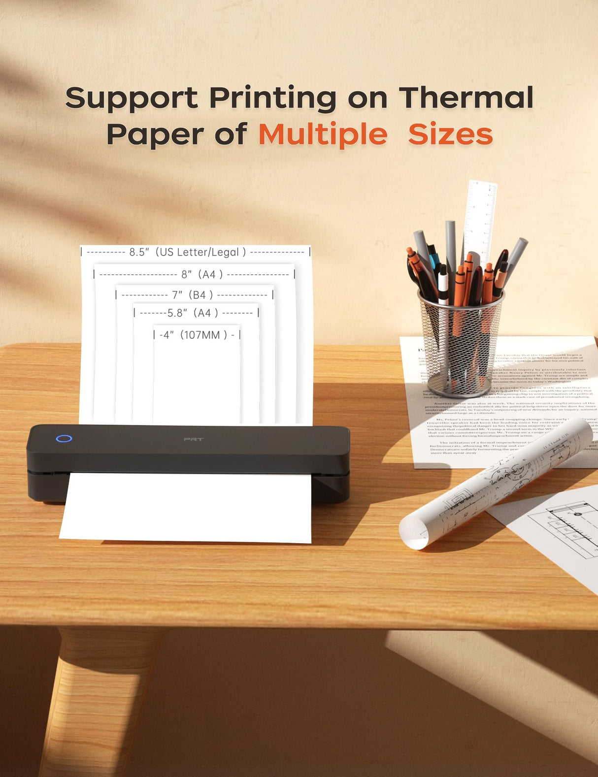 PRT Portable Printer Wireless for Travel, Small Compact Inkless Thermal Printer for Home Use, Office & Vehicles, Bluetooth Printer Supports 8.5" X 11" US Letter A4 A5, for iPhone, Android & Laptop PRT