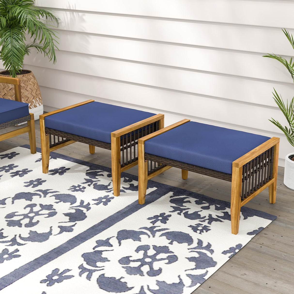 Tangkula Set of 2 Outdoor Ottomans, Patio Acacia Wood Ottomans with Cushions, Versatile Rattan Woven Footstools, Wicker Footrest Extra Seating for Backyard, Poolside, Porch Tangkula