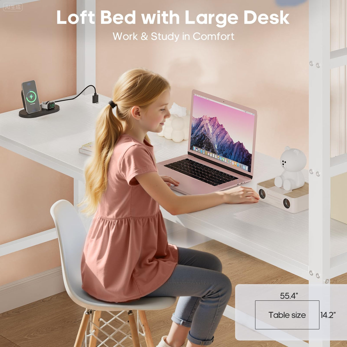 ADORNEVE Loft Bed Full Size with Desk and 8 Storage Drawers, LED Metal Loft Bed with Power Outlet, 2 Shelves & Clothing Rack, Bed with Safety Guardrail & Ladder,Space-Saving, White ADORNEVE