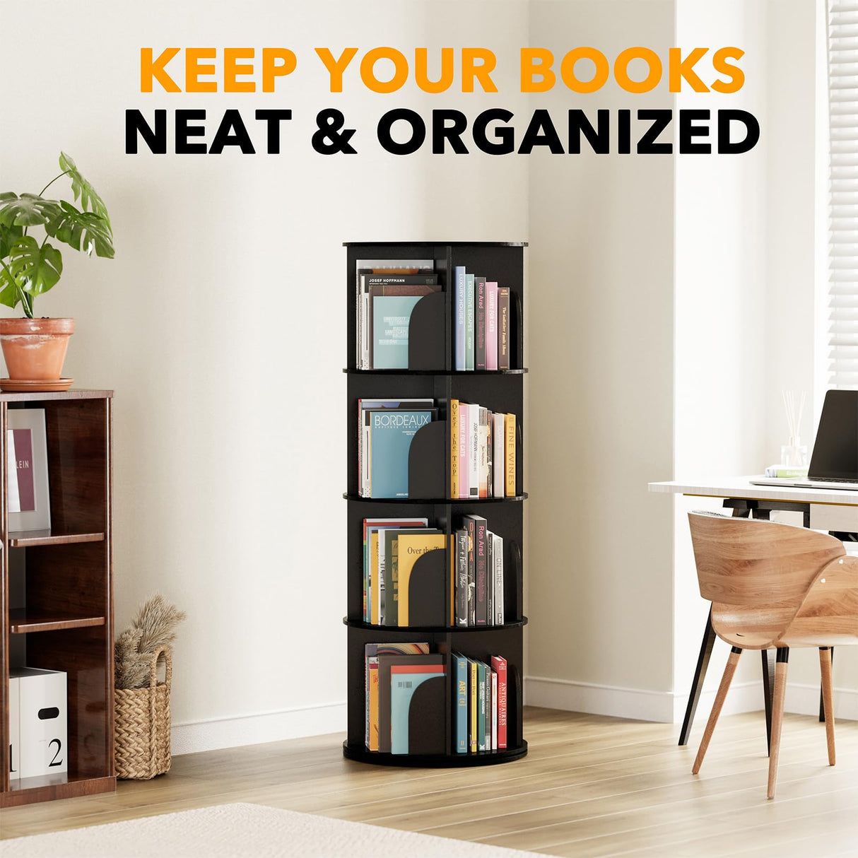 SpaceAid 4 Tier Rotating Bookshelf Tower, Spinning Bookcase Lazy Susan, Revolving 360 Book Shelf Storage Round Carousel, Vertical Rotate Turning Spiral Corner Organizer, Black SpaceAid