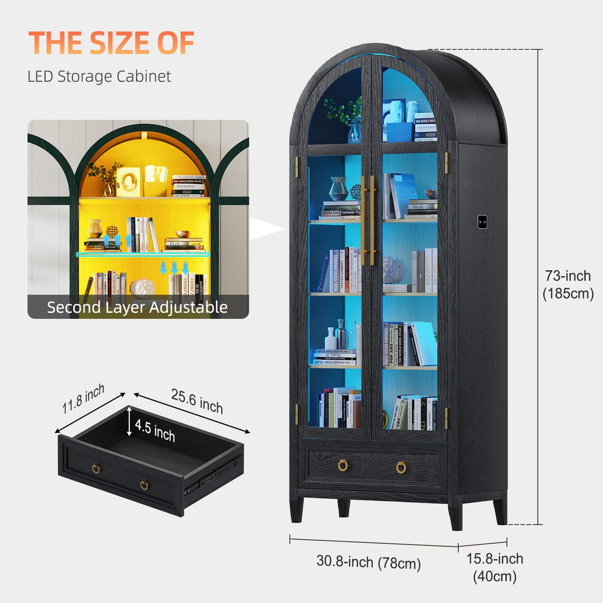 MDGC Arch Display Cabinet with Glass Doors, 4-Tier Curio Cabinet Shelves and a Drawer,73" Inch Tall LED Display Case for Collectibles,Bookcase for Bedroom Living Room Office,Black MDGC