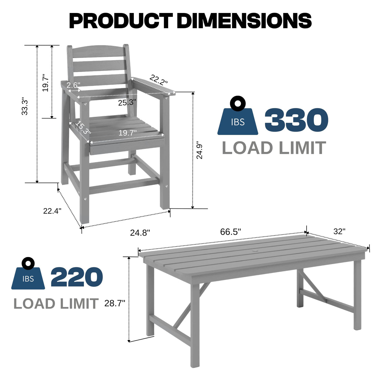 AreShark 7 Piece Patio Dining Set with 11ft Patio Umbrella (Black), 7 Gray Outdoor HDPE Dining Set with 6 Chairs + 1 Large Table with 2" Umbrella Hole, for Market, Pool, Garden, Backyard, Deck AreShark