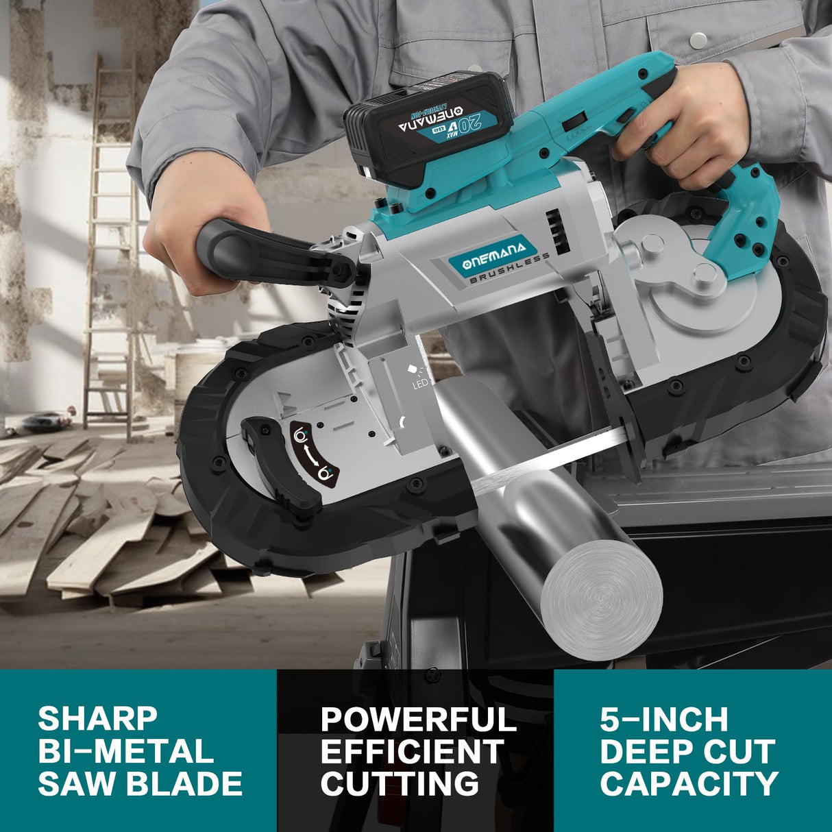 ONEMANA 5 inch Cordless Band Saw,20V MAX Cutting Capacity Brushless Metal Band Saw,Not Hot Sparks, Portable Band Saw for Deep Cut with 6 Speeds Adjustable(Tool Only) ONEMANA