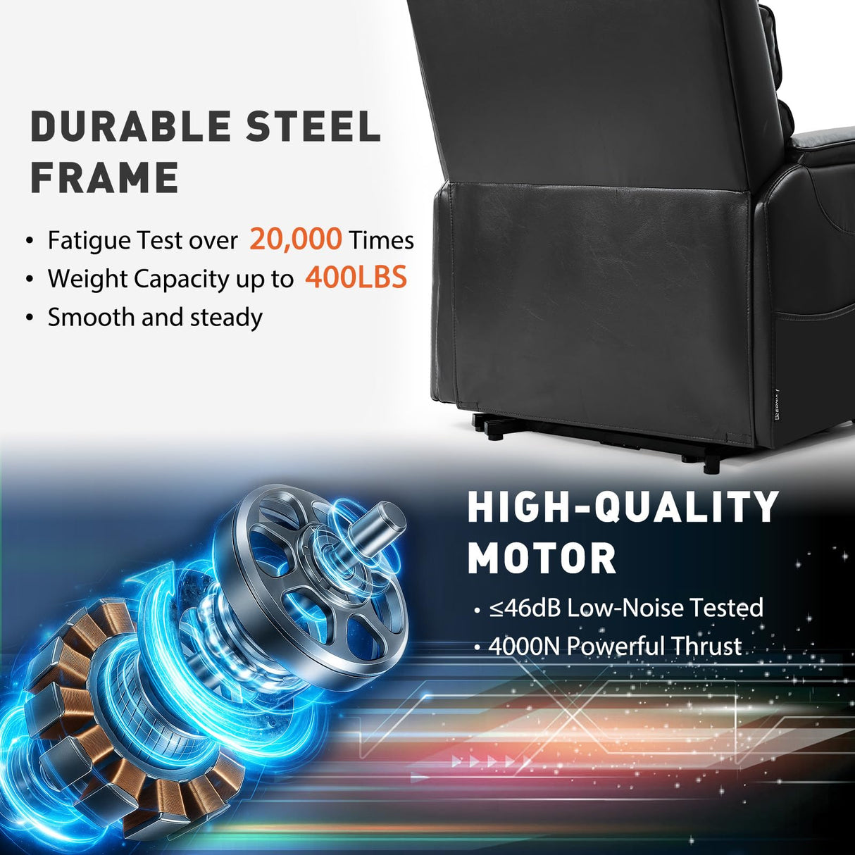 EONIX Dual Motor Lay Flat Power Lift Recliner Chair for Elderly, Faux Leather Electric Lift Chairs for Adults, 400lbs Heavy Duty Power Recliner with Heat Massage Charging Ports, SLRY003, Black EONIX