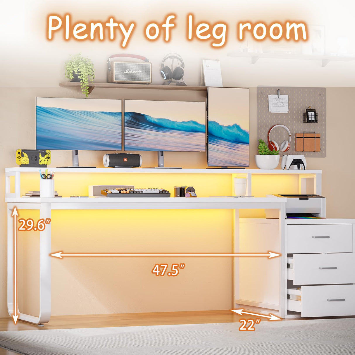 HOMBCK 67” White Desk with 3 Drawers and Storage, Reversible White Office Desk Computer Desk with Monitor Stand, Home Office Desk with LED Strips and Printer Standfor Bedroom HOMBCK