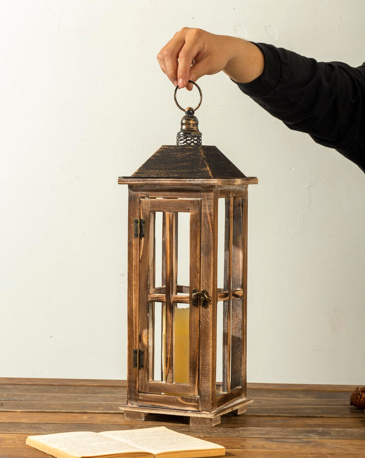 Large Farmhouse Wooden Decorative Lantern Set of 2, Rustic Distressed Brown Burnt Wood Floor Candle Lanterns, Indoor/Outdoor Hanging Lanterns for Home Decor (No Glass) TIMRIS