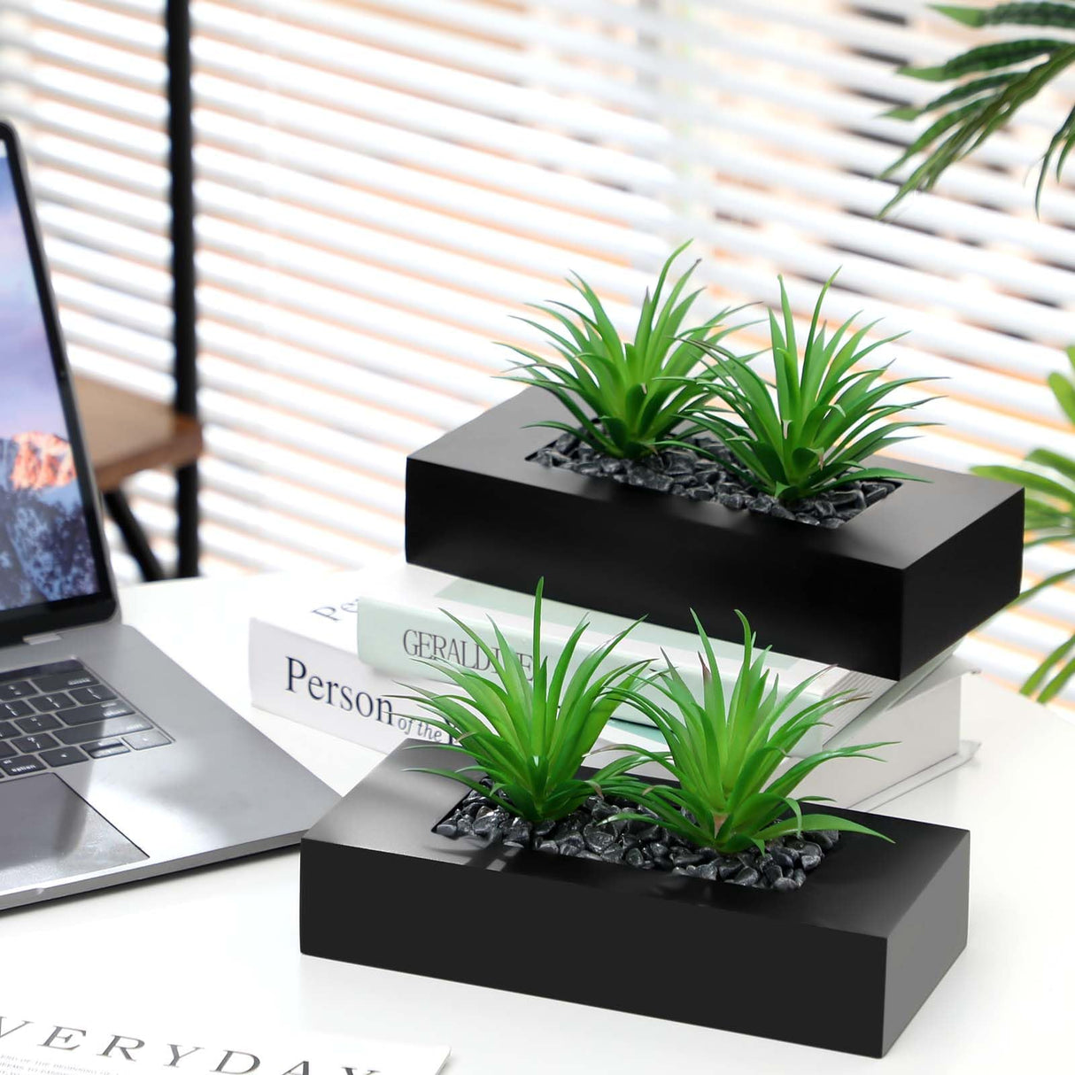 Hotop 2 Pcs Artificial Green Grass Plants in Wood Decorative Planter Pot Wooden Faux Greenery Rectangle Box Table Plant for Tabletop Centerpiece Indoor Decor(9.5 Inch,Black) Hotop