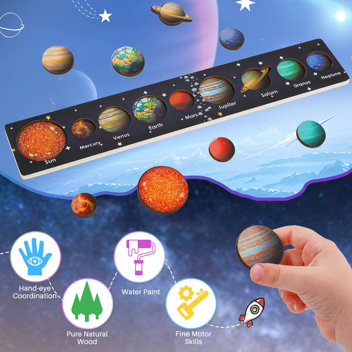 Zeoddler Solar System Puzzle for Kids 3-6, Wooden Space Toys for Kids, Planets for Kids, Preschool Learning Activities, Gift for Boys, Girls Zeoddler