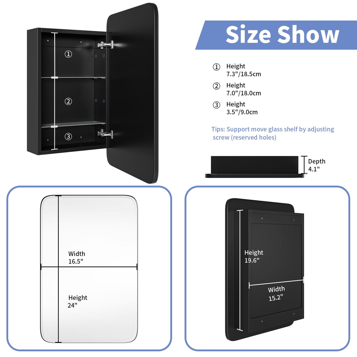 AGDULL Vintage-Style Bathroom Wood Black Cabinet with 16.5''x24'' Curved Mirror, Recessed Medicine Cabinet, Bathroom Storage Cabinet AGDULL