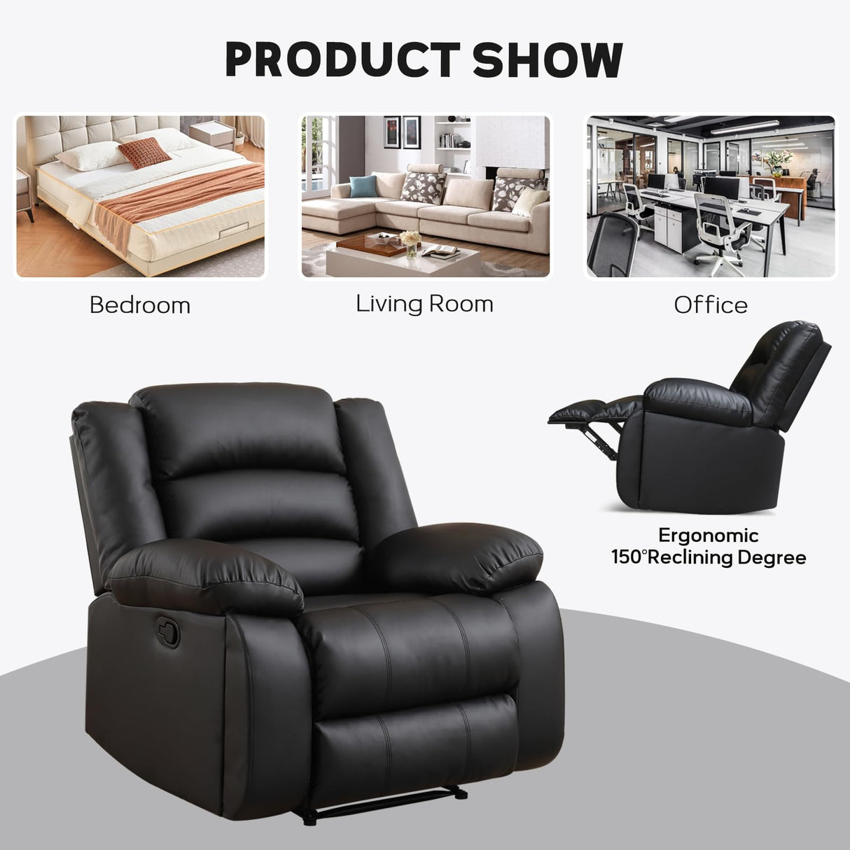 EBELLO Faux Leather Manual Recliner Chair, Single Reclining Sofa Chair Couch with 2 Concealed Cup Holders, Overstuffed Armrest Backrest for Living Room, Bedroom, Meeting Room, Black EBELLO