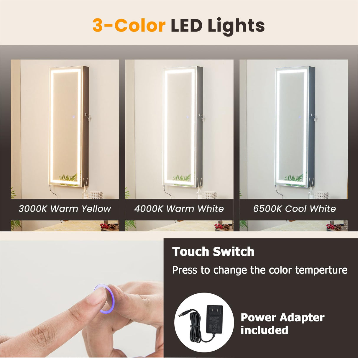 Giantex Jewelry Cabinet Armoire Door Wall Mount, 47.2in Lockable Touch Screen Lighted Full Length Mirror, 3 Lighting Settings, Inside Makeup Mirror, Jewelry Storage Box Organizer (Black) Giantex