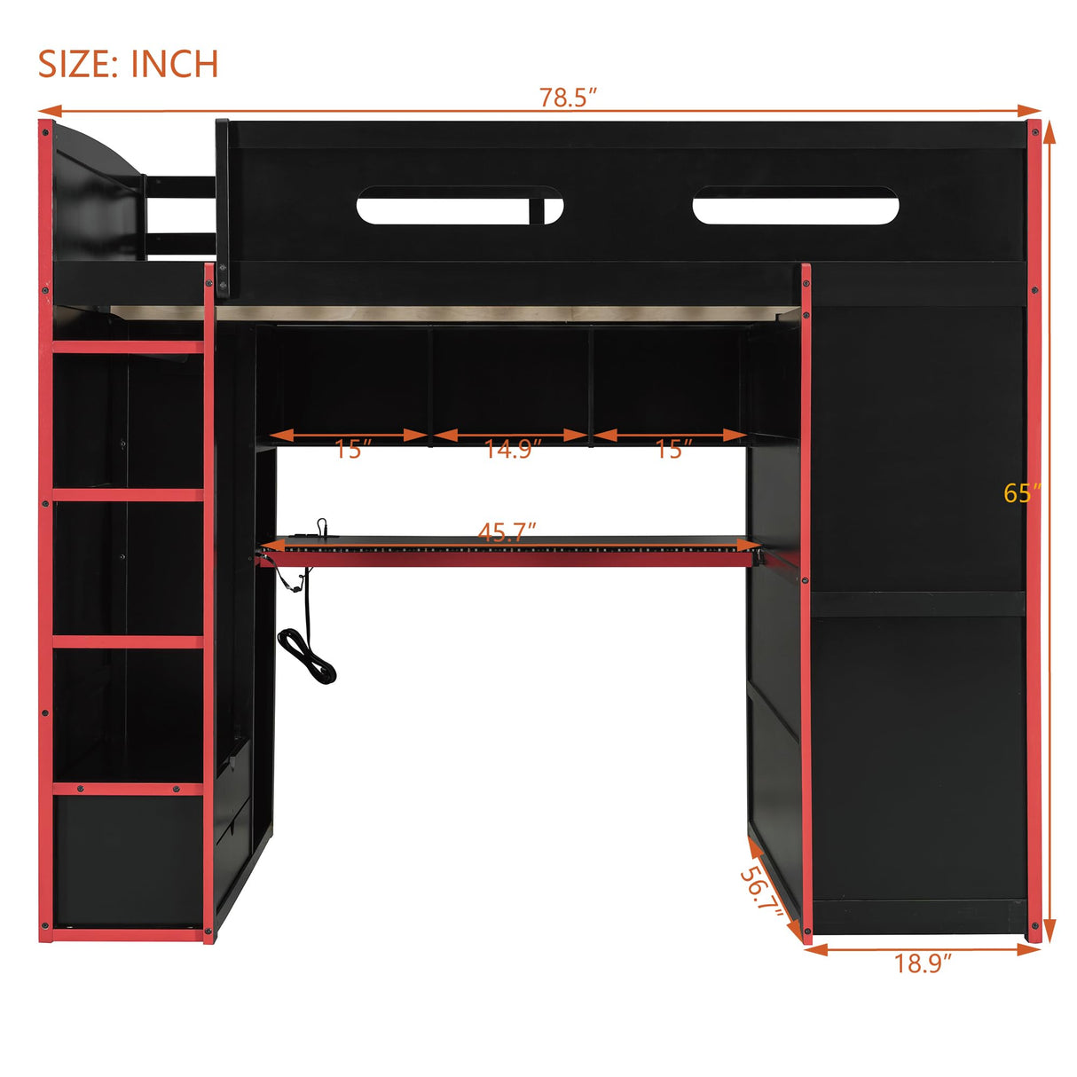 CKLMMC Full Size Gamer Loft Bed with Built-in Desk, RGB Lighting, USB Port & Storage, Gaming Bed with Wardrobe, Drawers for Kids, Teens, Adults (Red/G) CKLMMC