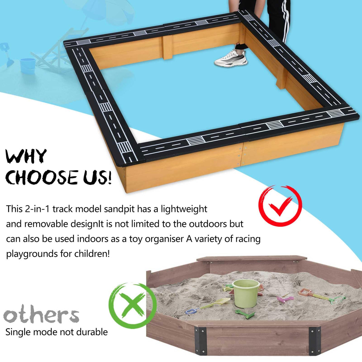 FAHKNS Wooden Sandbox for Backyard,DIY Raceable Race Track Seats,Sand Protection, Bottom Liner for Outdoor Recreation, Toy Storage, Flower Gardening.(47x 38in ) FAHKNS