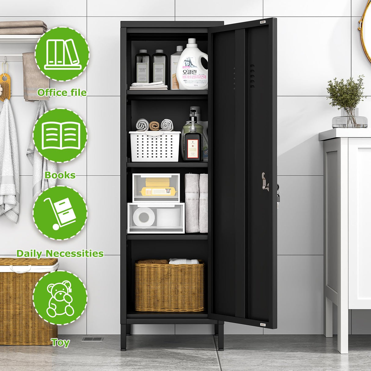 PAOFIN 47" Metal Storage Locker, Lockable Employees Metal Locker with Door and Adjustable Shelves, Steel Locker for Home, School, Office, Gym (Black) PAOFIN