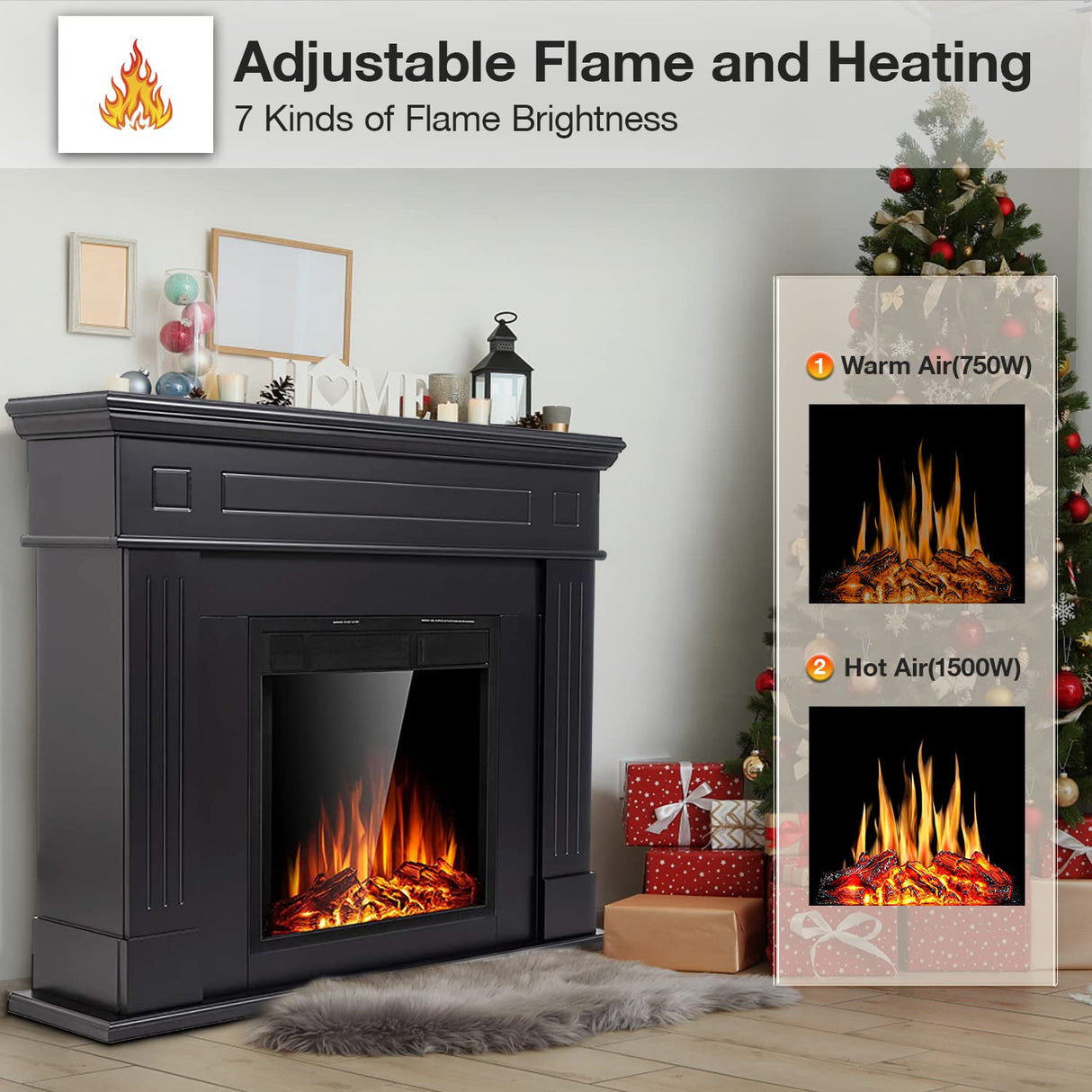 Cowsar 44" Electric Fireplace with Mantel Package Free-Standing Fireplace Heater, Wooden Surround Firebox with Log, Remote Control, 750-1500W, Black COWSAR