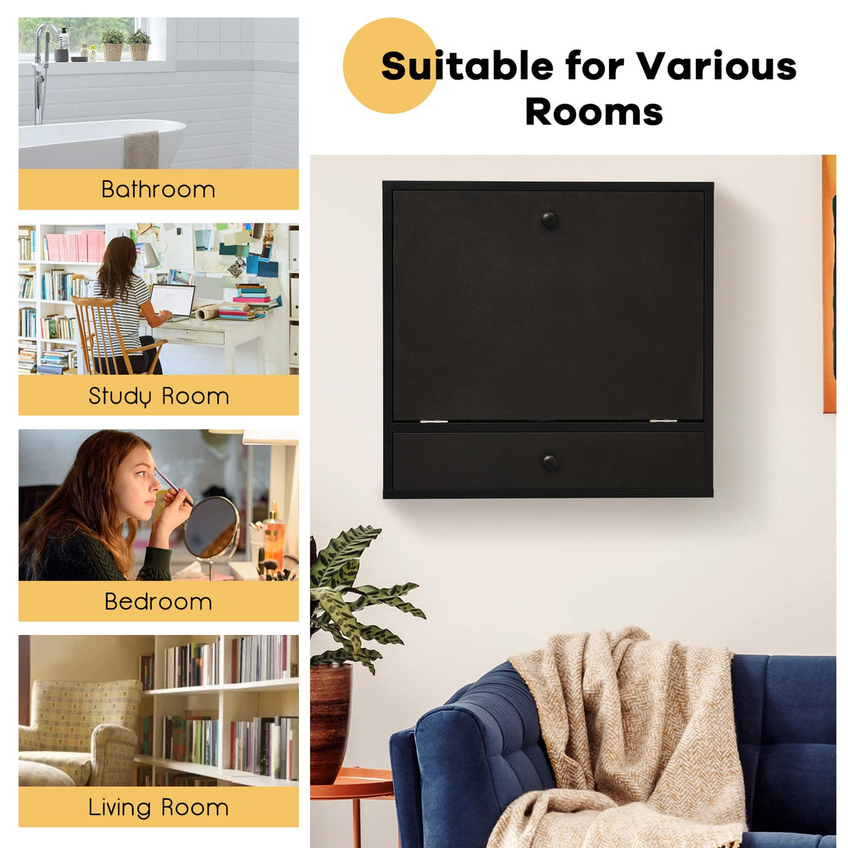 IFANNY Wall Mounted Desk, Wall Computer Desk w/Storage Drawer & Shelves, Compact Floating Desk for Wall, Space Saving Wall Desk Fold Down, Wall Desks for Small Spaces (Black) IFANNY