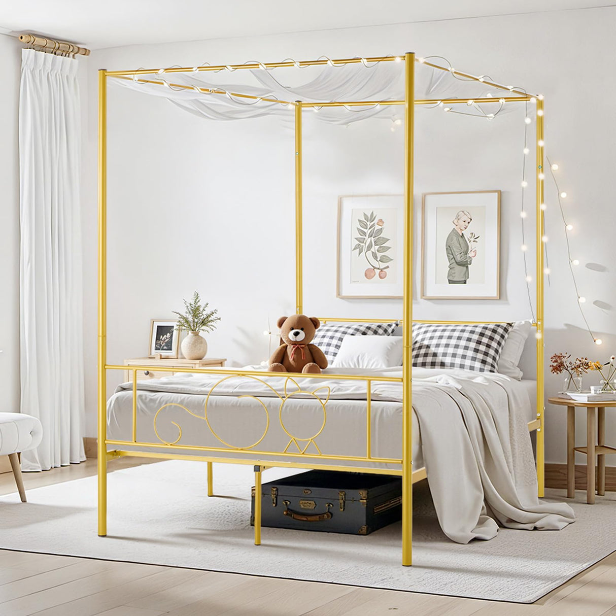 VEVOR Canopy Bed Frame Full Size, Metal Canopy Bed with Minimalist Headboard & Four Posters Design, Heavy Duty Steel Slats Support, Underbed Storage Space, No Box Spring Needed, Easy Assembly, Gold VEVOR