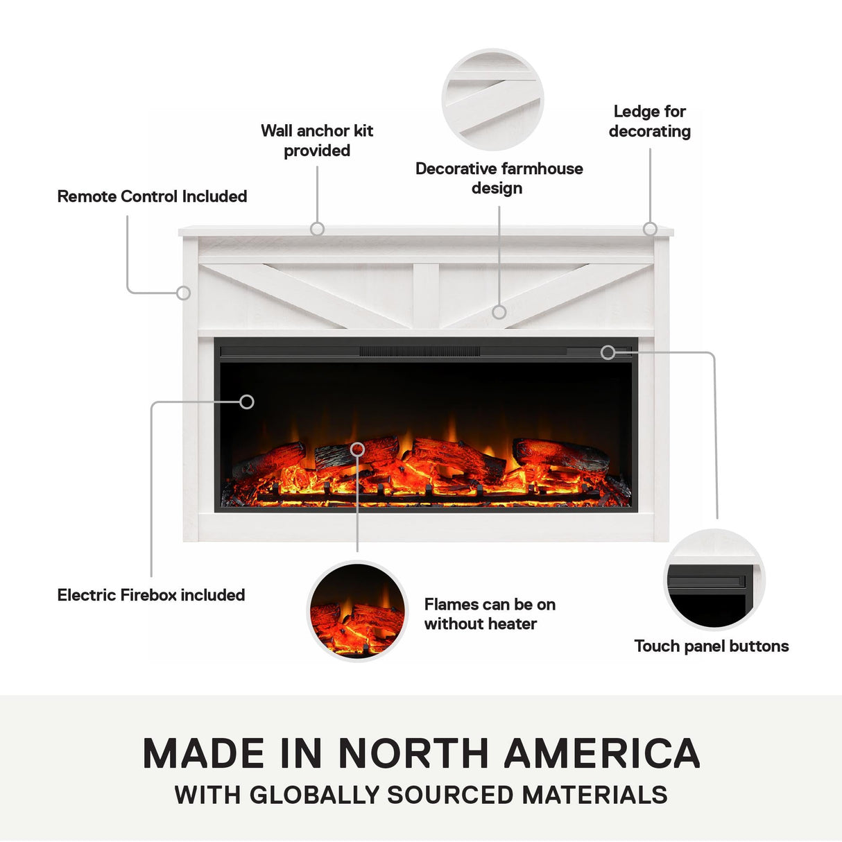 Ameriwood Home Farmington Wide Modern Farmhouse Mantel with Electric Fireplace, 49", Ivory Oak Ameriwood Home