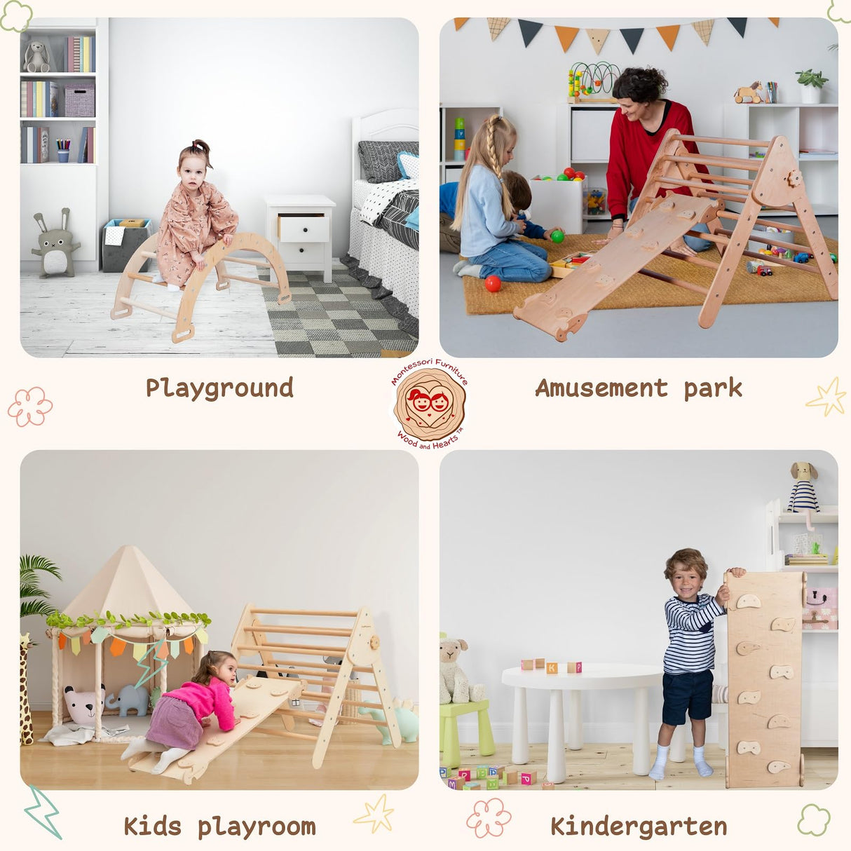 WoodandHearts Pikler Triangle Set of three items Wooden toys Climbing triangle Montessori Climbing toys for Toddlers Triangle with ramp Activity gym Baby Climbing triangle set (Large) Wood And Hearts