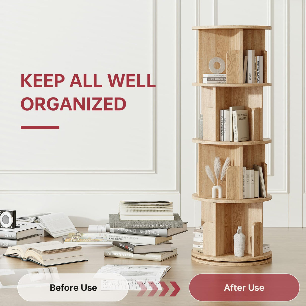 MXV Rotating Bookshelf, 360° Display 4-Tier Floor Standing Rotating Bookcase, Storage Rack for Kids&Adult, Multi-Functional Bookshelf Organizer for Bedroom, Study Room and Living Room MXV