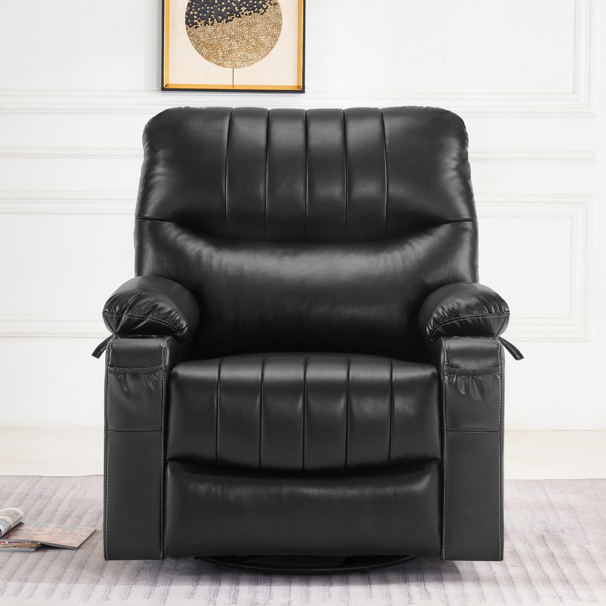 MCombo Oversized Swivel Glider Rocker Power Recliner Chair for Living Room with Heat and Vibration Massage, USB Ports, Cup Holders and Pockets, Faux Leather 7785 (Black) MCombo