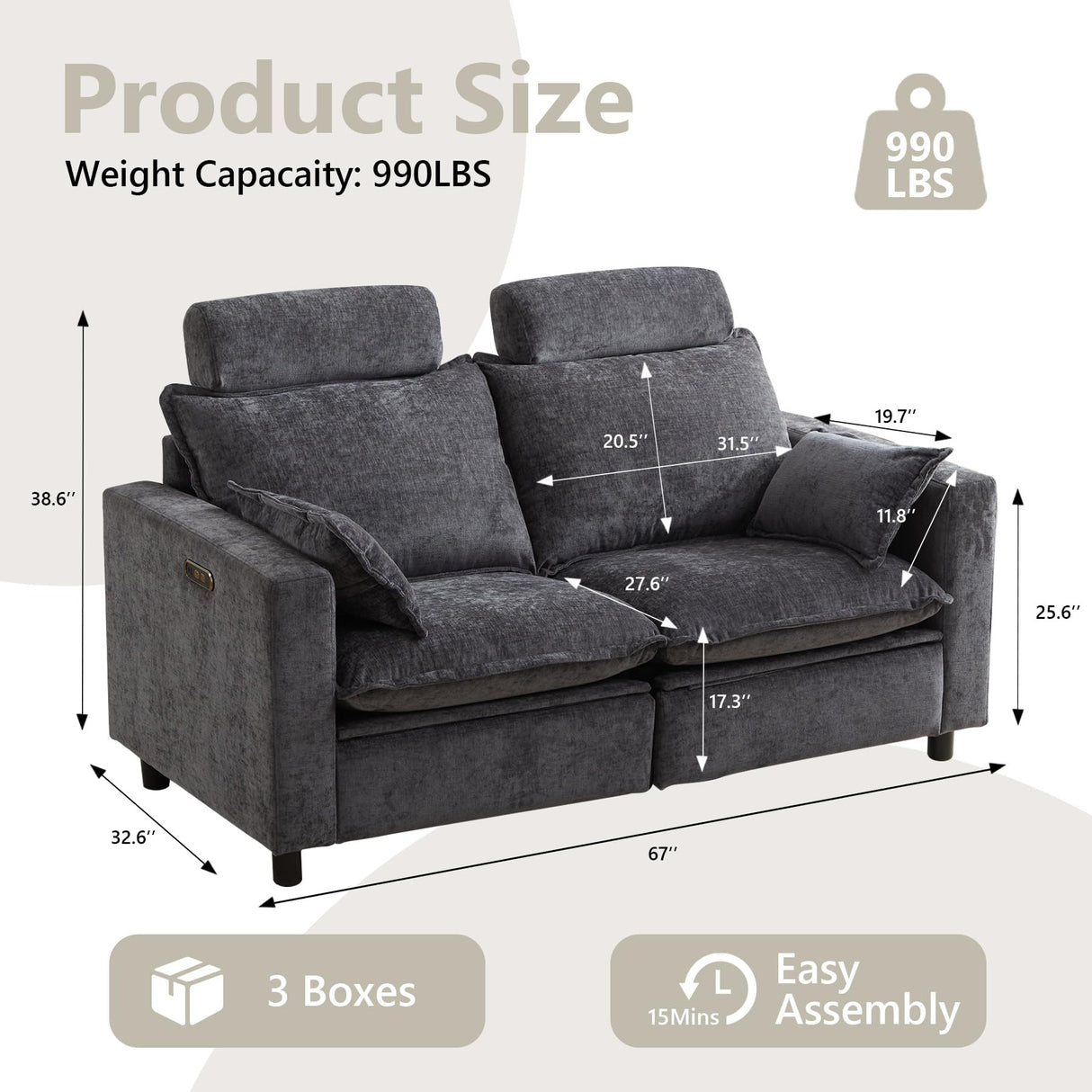 GUEAPY Cloud Couch Power Reclining Sofa Loveseat-Oversized Reclining Sectional Couches, Modern Power Recliner Sofa/Couches for Living Room, Comfortable Recliner Couches with Soft Upholstery Pillows GUEAPY