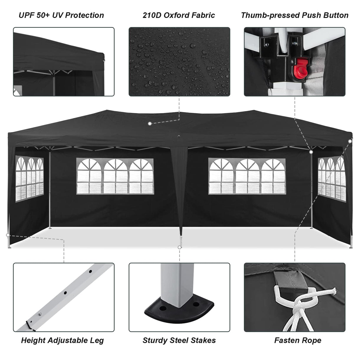 TUKAILAI 10' x 20' Pop Up Gazebo Marquee, Anti-UV Party Wedding Tent Event Shelters with 6 Removable Sidewalls & Carry Bag, Heavy Duty Instant Canopy for Outdoor Camping Garden Patio (Black) TUKAILAi