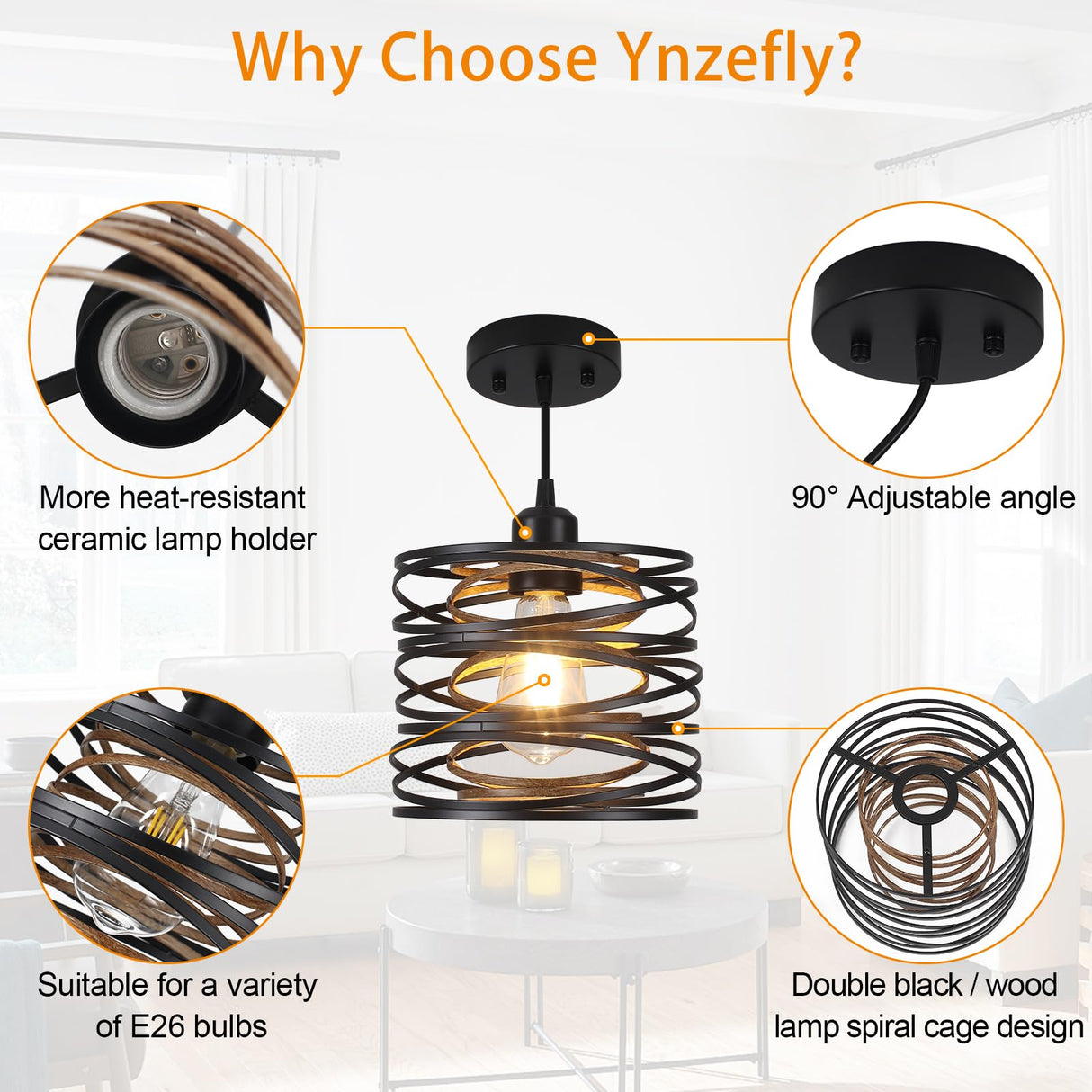 Ynzefly Pendant Light, Kitchen Island Hanging Light Fixtures Wood Farmhouse Metal Pendant Lighting for Dining Room Bedroom Bar Office, Industrial Black, 1 Pack Ynzefly