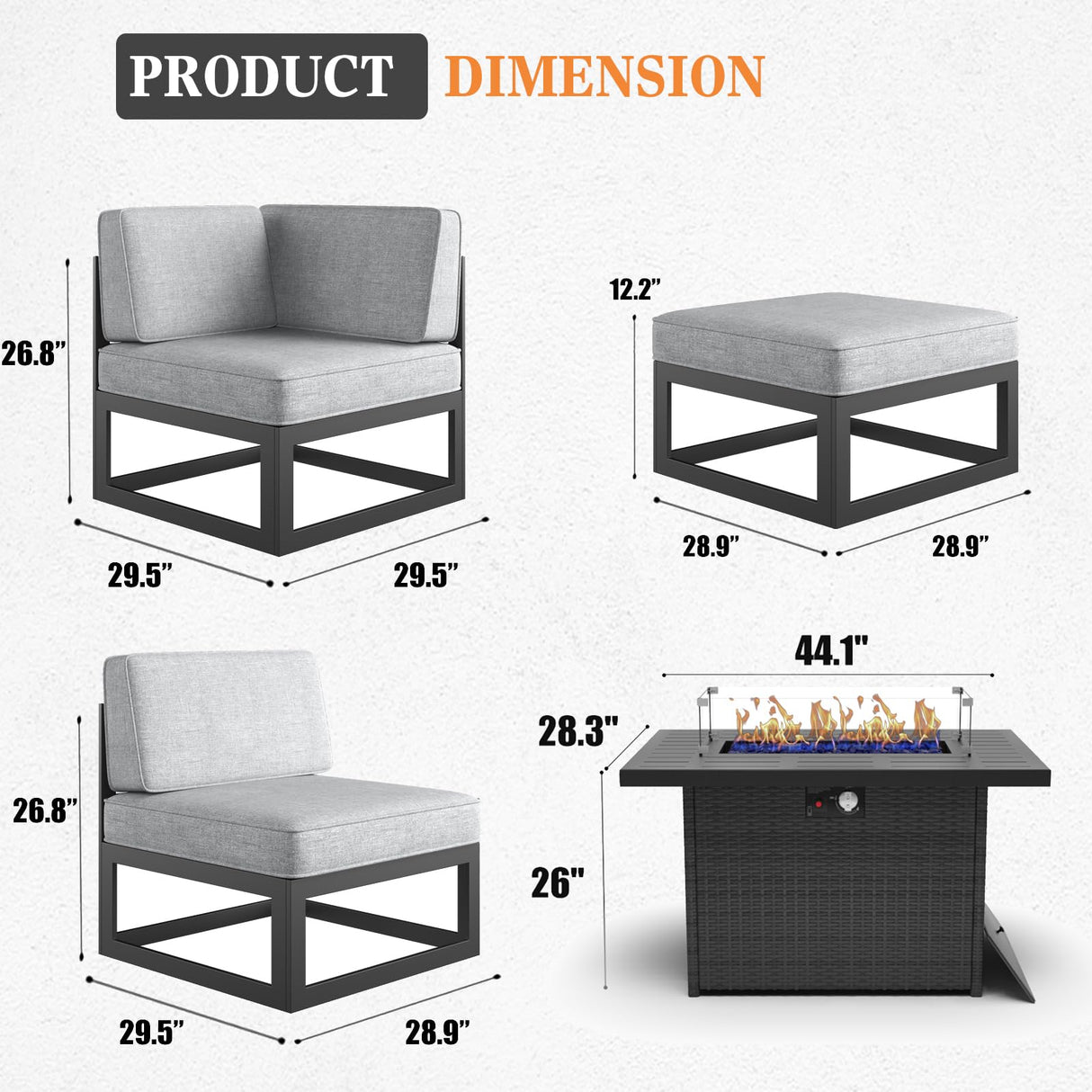 Vakollia 9 Pieces Aluminum Patio Furniture Set with Propane Gas 44" Fire Pit Table, Metal Outdoor Conversation Sofa Set with Seating Cushions Vakollia