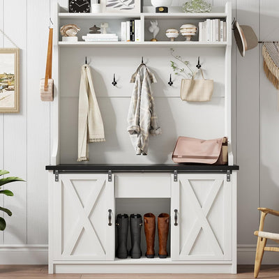4ever2buy Farmhouse Hall Tree with Storage, 42 Inch Wide Entryway Bench with 2 Sliding Barn Doors, White Tall Hall Tree with Coat Rack & Shoe Storage (White)
