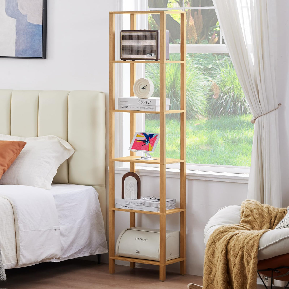 YUFAM 54in Tall Bookshelf 5-Tier Small Narrow Bookcase, Skinny Book Shelf for Small Space, Farmhouse Slim Shelf with Storage, Wood Freestanding Display Thin Bookshelves for Living Room, Natural YUFAM