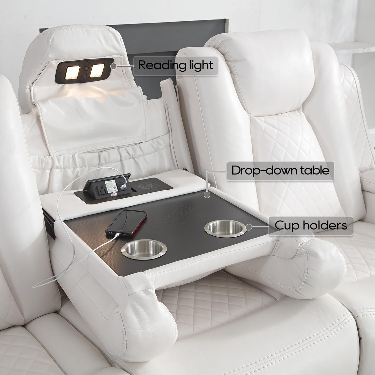 Power Reclining Sofa Couch with Wireless Charger, 3 Seaters with Recliner with Reading Light, Leather Electric 3 Seat Sofa Sectional Set for Living Room, Home Theater Seating with LED Lights, White Comfort Stretch