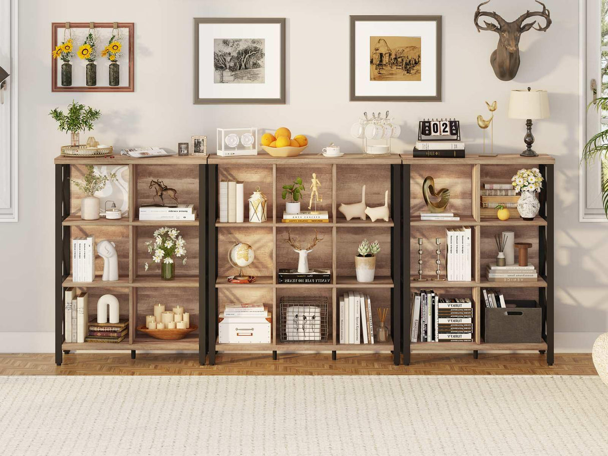 FATORRI 9 Cube Storage Bookshelf, Industrial 4 Shelf Book Shelf, Farmhouse Wood and Metal Cubby Bookcase for Home Office (39.37" W, Rustic Oak) FATORRI