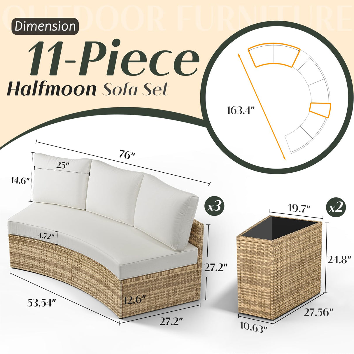 PaPaJet 11-Piece Patio Furniture Set, Half-Moon Outdoor Wicker Sectional Sofa with Large Storage Wedge Table, All-Weather Wicker Conversation Set for Backyard, Garden, or Deck, Beige PaPaJet