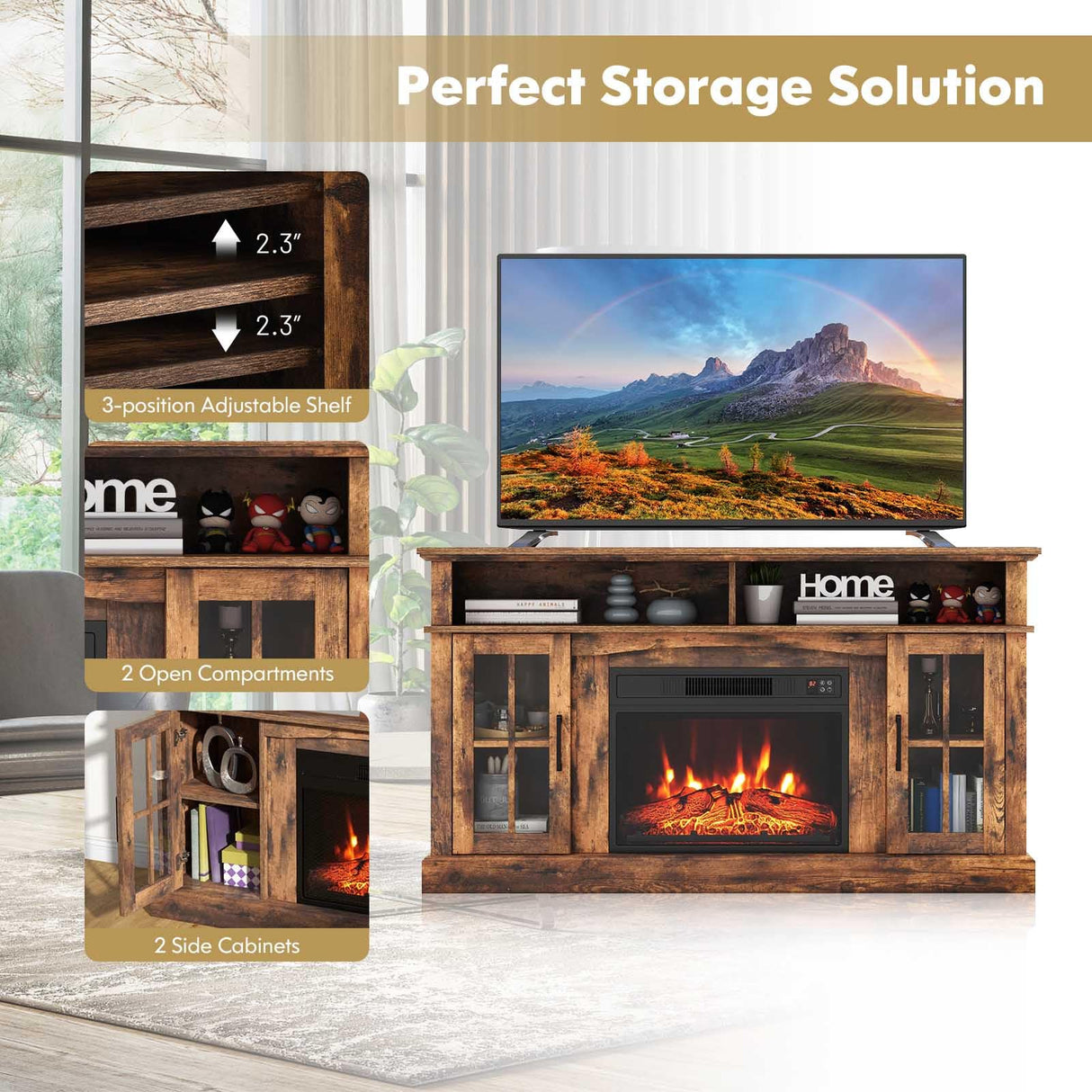 COSTWAY Electric Fireplace TV Stand for TVs Up to 65 Inches, 1400W Heater Insert with Remote Control, 6H Timer, 3-Level Flame, Overheat Protection and CSA Certification, Adjustable Shelves, Brown COSTWAY